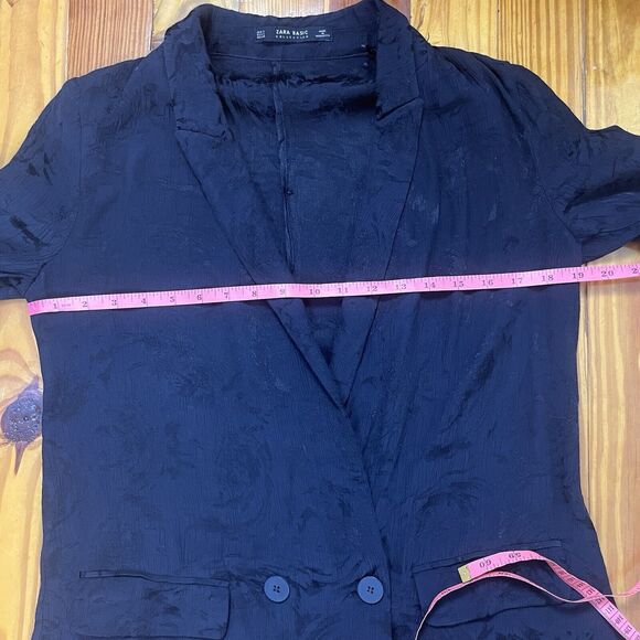 Zara Floral Jacquard Blazer Jacket Size Small Dark Blue Double Breasted Brocade - Picture 6 of 16